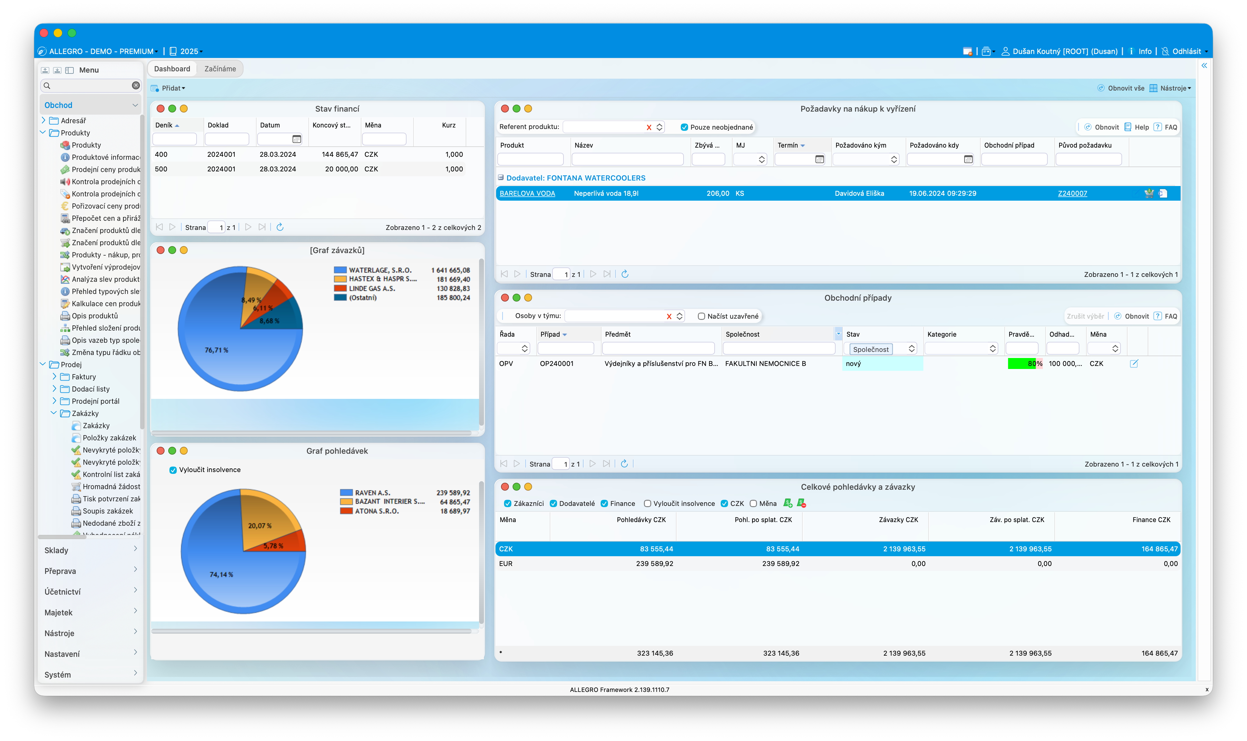 Screenshot: dashboard v Allegro-sovtware na Macu