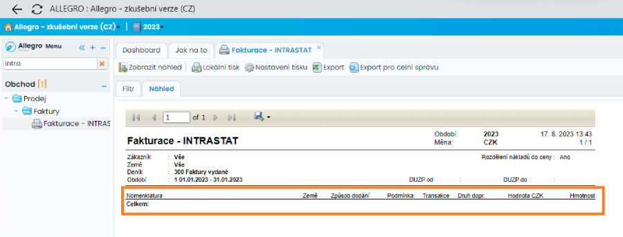 Ukázka výkazu Intrastat v Allegru
