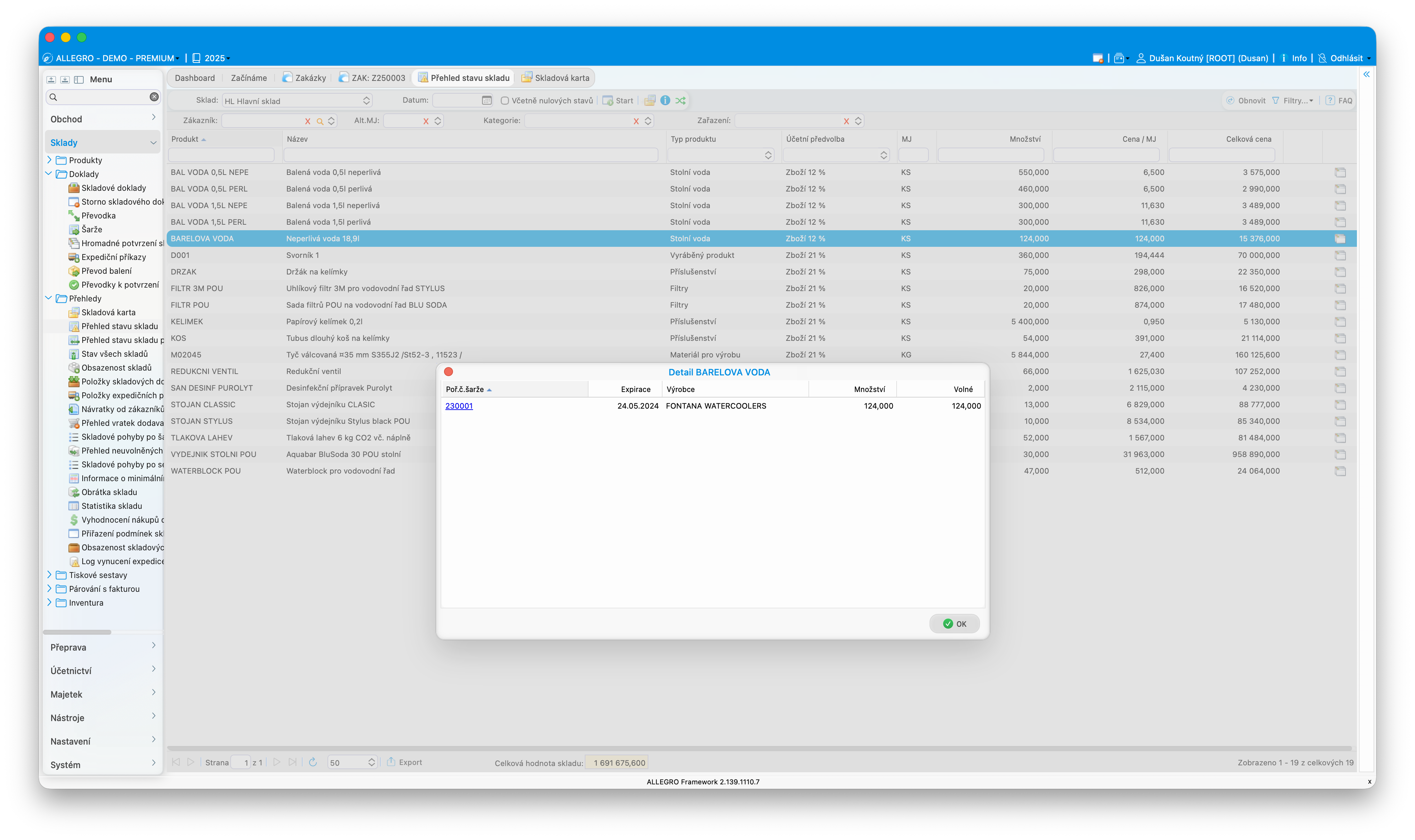 Screenshot: stav skladu v Allegro-software