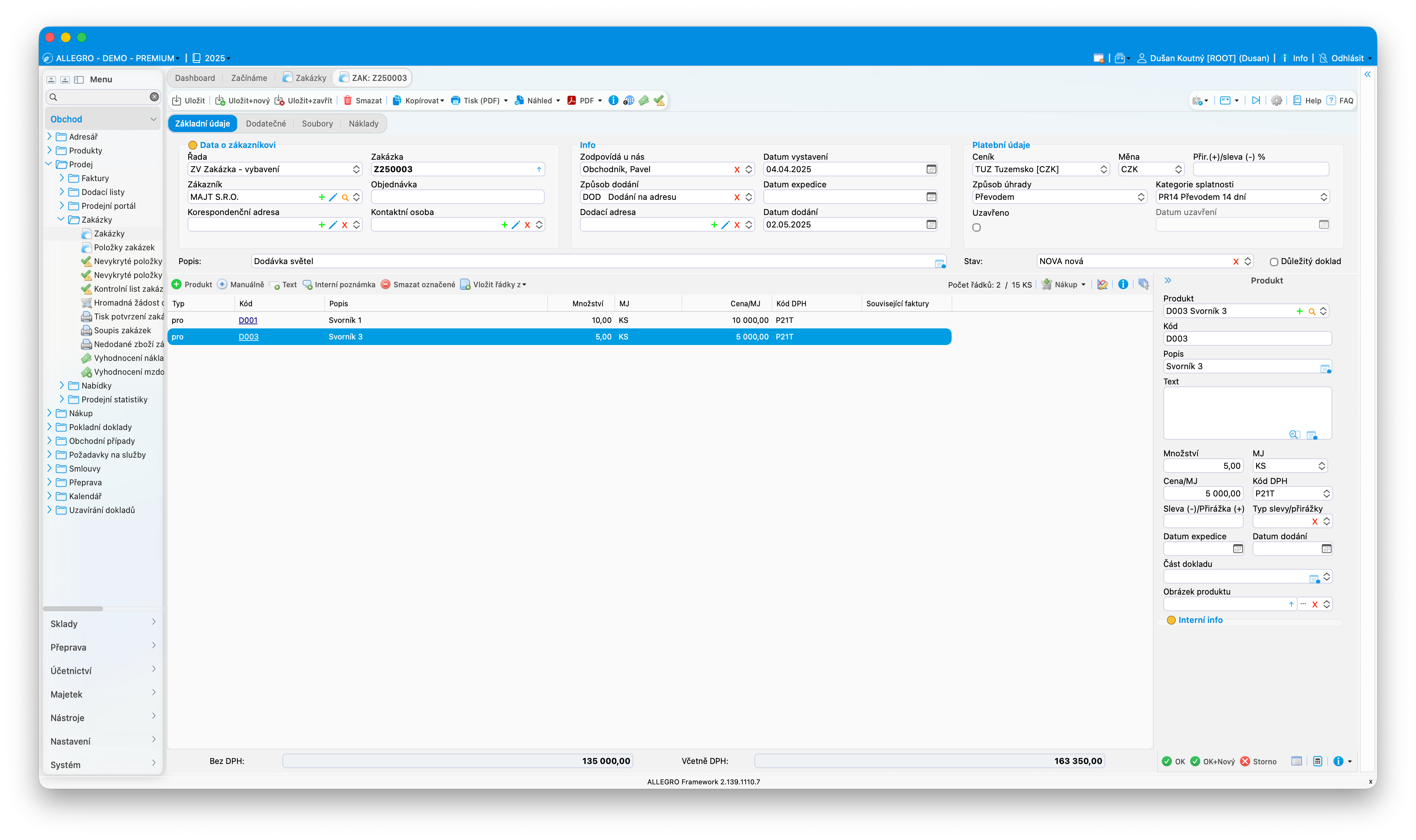 Screenshot: údaje o zakázce v Allegro-software
