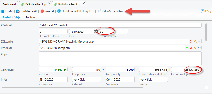 Nabídky z kalkulace – screenshot