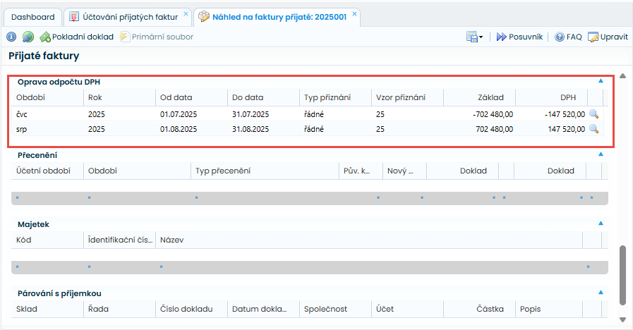 Screenshot z Allegro-software: náhled na přijatou fakturu