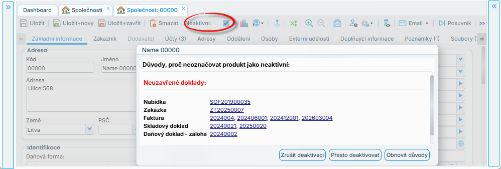 Ukázka ze systému: neaktivní společnost