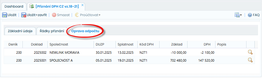 Screenshot z Allegro-software: oprava odpočtu