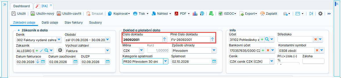 Ukázka ze systému: doklady a platební data
