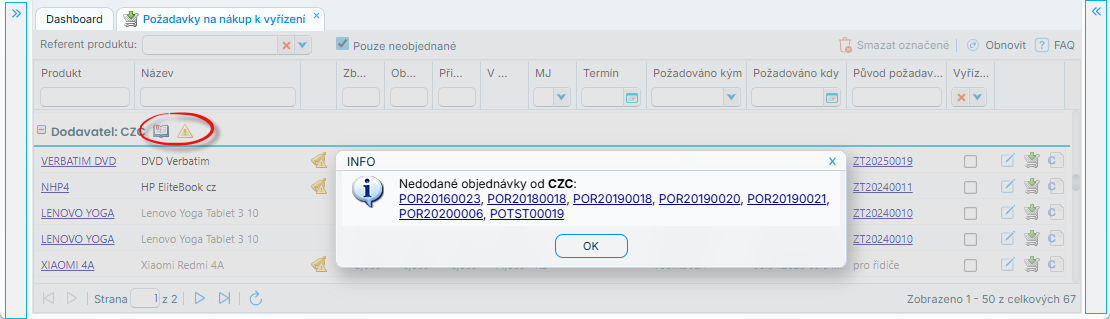 Požadavky na nákup k vyřízení: screenshot ze systému