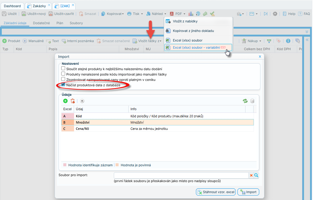 Ukázka ze systému: produktová data