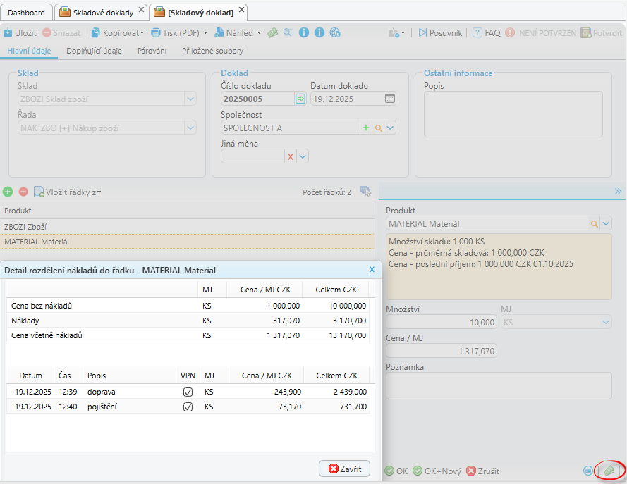 Skladový doklad – screenshot
