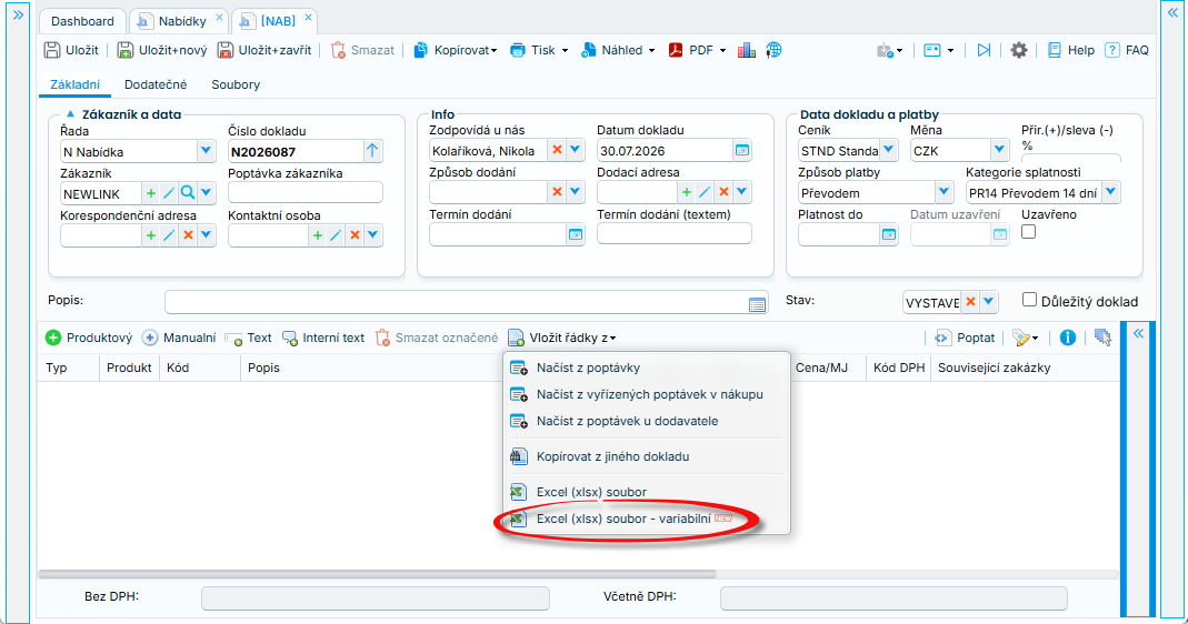 Variabilní Excel: screenshot ze systému